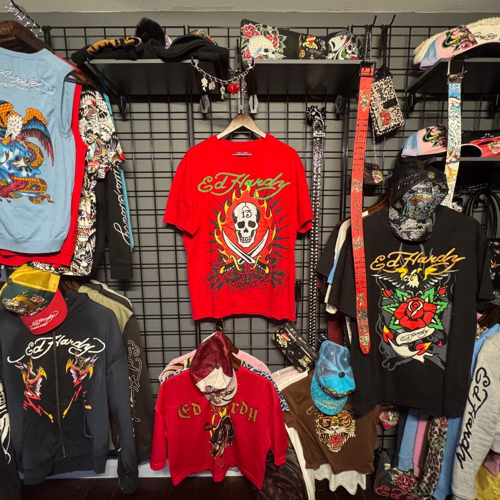 Ed Hardy Red Tee with Skull and Dagger Design